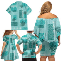 Vintage Lapita Family Matching Off Shoulder Short Dress and Hawaiian Shirt Iconic Double Face Pattern Turquoise LT05