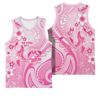 Personalised Memorial Pink Breast Cancer Awareness Basketball Jersey Plumeria Floral Tribal Pattern - Polynesian Pride