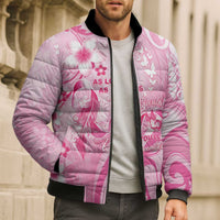 Personalised Memorial Pink Breast Cancer Awareness Bomber Puffer Jacket Plumeria Floral Tribal Pattern - Polynesian Pride