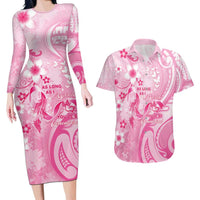 Personalised Memorial Pink Breast Cancer Awareness Couples Matching Long Sleeve Bodycon Dress and Hawaiian Shirt Plumeria Floral Tribal Pattern - Polynesian Pride