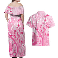 Personalised Memorial Pink Breast Cancer Awareness Couples Matching Off Shoulder Maxi Dress and Hawaiian Shirt Plumeria Floral Tribal Pattern LT05 - Polynesian Pride