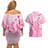 Personalised Memorial Pink Breast Cancer Awareness Couples Matching Off Shoulder Short Dress and Hawaiian Shirt Plumeria Floral Tribal Pattern - Polynesian Pride