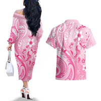 Personalised Memorial Pink Breast Cancer Awareness Couples Matching Off The Shoulder Long Sleeve Dress and Hawaiian Shirt Plumeria Floral Tribal Pattern LT05 - Polynesian Pride