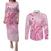 Personalised Memorial Pink Breast Cancer Awareness Couples Matching Puletasi and Long Sleeve Button Shirt Plumeria Floral Tribal Pattern LT05 Pink - Polynesian Pride