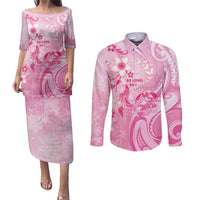 Personalised Memorial Pink Breast Cancer Awareness Couples Matching Puletasi and Long Sleeve Button Shirt Plumeria Floral Tribal Pattern - Polynesian Pride