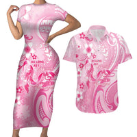 Personalised Memorial Pink Breast Cancer Awareness Couples Matching Short Sleeve Bodycon Dress and Hawaiian Shirt Plumeria Floral Tribal Pattern - Polynesian Pride