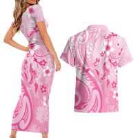 Personalised Memorial Pink Breast Cancer Awareness Couples Matching Short Sleeve Bodycon Dress and Hawaiian Shirt Plumeria Floral Tribal Pattern - Polynesian Pride