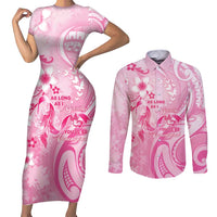 Personalised Memorial Pink Breast Cancer Awareness Couples Matching Short Sleeve Bodycon Dress and Long Sleeve Button Shirt Plumeria Floral Tribal Pattern - Polynesian Pride
