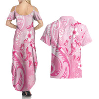 Personalised Memorial Pink Breast Cancer Awareness Couples Matching Summer Maxi Dress and Hawaiian Shirt Plumeria Floral Tribal Pattern - Polynesian Pride
