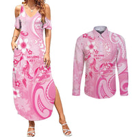 Personalised Memorial Pink Breast Cancer Awareness Couples Matching Summer Maxi Dress and Long Sleeve Button Shirt Plumeria Floral Tribal Pattern - Polynesian Pride