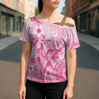 Personalised Memorial Pink Breast Cancer Awareness Cross Shoulder Shirt Plumeria Floral Tribal Pattern - Polynesian Pride