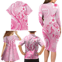 Personalised Memorial Pink Breast Cancer Awareness Family Matching Long Sleeve Bodycon Dress and Hawaiian Shirt Plumeria Floral Tribal Pattern - Polynesian Pride