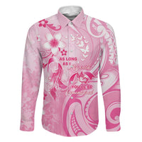 Personalised Memorial Pink Breast Cancer Awareness Family Matching Off The Shoulder Long Sleeve Dress and Hawaiian Shirt Plumeria Floral Tribal Pattern LT05 Dad's Shirt - Long Sleeve Pink - Polynesian Pride