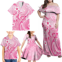 Personalised Memorial Pink Breast Cancer Awareness Family Matching Off Shoulder Maxi Dress and Hawaiian Shirt Plumeria Floral Tribal Pattern LT05 - Polynesian Pride