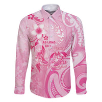 Personalised Memorial Pink Breast Cancer Awareness Family Matching Off Shoulder Maxi Dress and Hawaiian Shirt Plumeria Floral Tribal Pattern LT05 Dad's Shirt - Long Sleeve Pink - Polynesian Pride