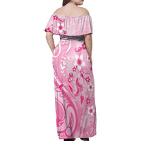 Personalised Memorial Pink Breast Cancer Awareness Family Matching Off Shoulder Maxi Dress and Hawaiian Shirt Plumeria Floral Tribal Pattern LT05 - Polynesian Pride