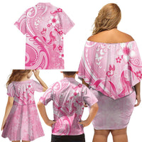 Personalised Memorial Pink Breast Cancer Awareness Family Matching Off Shoulder Short Dress and Hawaiian Shirt Plumeria Floral Tribal Pattern - Polynesian Pride
