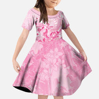 Personalised Memorial Pink Breast Cancer Awareness Family Matching Short Sleeve Bodycon Dress and Hawaiian Shirt Plumeria Floral Tribal Pattern LT05 Daughter's Dress Pink - Polynesian Pride