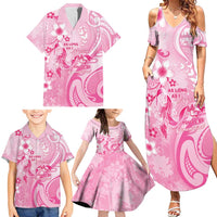 Personalised Memorial Pink Breast Cancer Awareness Family Matching Summer Maxi Dress and Hawaiian Shirt Plumeria Floral Tribal Pattern - Polynesian Pride