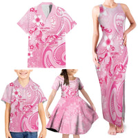 Personalised Memorial Pink Breast Cancer Awareness Family Matching Tank Maxi Dress and Hawaiian Shirt Plumeria Floral Tribal Pattern - Polynesian Pride