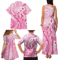 Personalised Memorial Pink Breast Cancer Awareness Family Matching Tank Maxi Dress and Hawaiian Shirt Plumeria Floral Tribal Pattern - Polynesian Pride