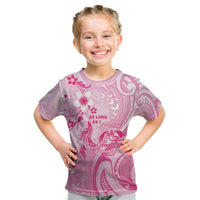 Personalised Memorial Pink Breast Cancer Awareness Kid T Shirt Plumeria Floral Tribal Pattern - Polynesian Pride