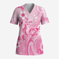 Personalised Memorial Pink Breast Cancer Awareness Scrub Top Plumeria Floral Tribal Pattern - Polynesian Pride