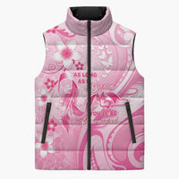 Personalised Memorial Pink Breast Cancer Awareness Sleeveless Puffer Jacket Plumeria Floral Tribal Pattern - Polynesian Pride