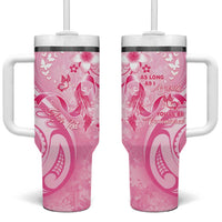 Personalised Memorial Pink Breast Cancer Awareness Tumbler With Handle Plumeria Floral Tribal Pattern - Polynesian Pride