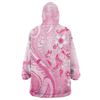 Personalised Memorial Pink Breast Cancer Awareness Wearable Blanket Hoodie Plumeria Floral Tribal Pattern - Polynesian Pride