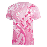 Personalised Memorial Pink Breast Cancer Awareness Women V-Neck T-Shirt Plumeria Floral Tribal Pattern - Polynesian Pride