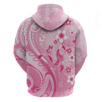 Personalised Memorial Pink Breast Cancer Awareness Zip Hoodie Plumeria Floral Tribal Pattern - Polynesian Pride