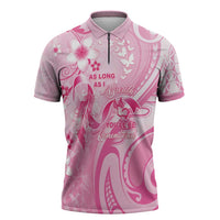 Personalised Memorial Pink Breast Cancer Awareness Zipper Polo Shirt Plumeria Floral Tribal Pattern - Polynesian Pride