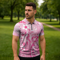 Personalised Memorial Pink Breast Cancer Awareness Zipper Polo Shirt Plumeria Floral Tribal Pattern LT05 - Polynesian Pride