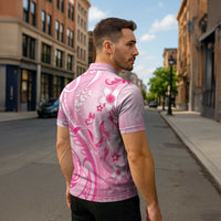 Personalised Memorial Pink Breast Cancer Awareness Zipper Polo Shirt Plumeria Floral Tribal Pattern LT05 - Polynesian Pride