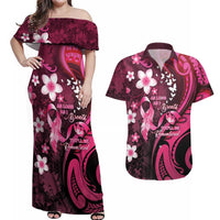 Personalised Memorial Breast Cancer Awareness Couples Matching Off Shoulder Maxi Dress and Hawaiian Shirt Plumeria Floral Tribal Pattern - Polynesian Pride