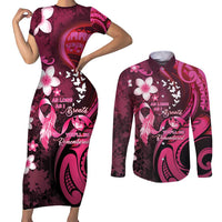 Personalised Memorial Breast Cancer Awareness Couples Matching Short Sleeve Bodycon Dress and Long Sleeve Button Shirt Plumeria Floral Tribal Pattern - Polynesian Pride