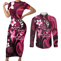 Personalised Memorial Breast Cancer Awareness Couples Matching Short Sleeve Bodycon Dress and Long Sleeve Button Shirt Plumeria Floral Tribal Pattern - Polynesian Pride