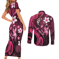 Personalised Memorial Breast Cancer Awareness Couples Matching Short Sleeve Bodycon Dress and Long Sleeve Button Shirt Plumeria Floral Tribal Pattern - Polynesian Pride