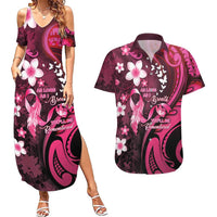 Personalised Memorial Breast Cancer Awareness Couples Matching Summer Maxi Dress and Hawaiian Shirt Plumeria Floral Tribal Pattern - Polynesian Pride