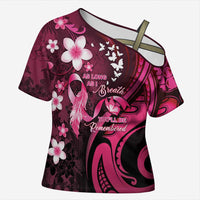 Personalised Memorial Breast Cancer Awareness Cross Shoulder Shirt Plumeria Floral Tribal Pattern LT05 Female Black - Polynesian Pride
