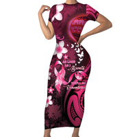 Personalised Memorial Breast Cancer Awareness Family Matching Short Sleeve Bodycon Dress and Hawaiian Shirt Plumeria Floral Tribal Pattern LT05 Mom's Dress Black - Polynesian Pride