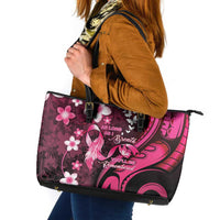 Memorial Breast Cancer Awareness Leather Tote Bag Plumeria Floral Tribal Pattern - Polynesian Pride
