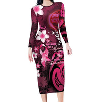 Personalised Memorial Breast Cancer Awareness Long Sleeve Bodycon Dress Plumeria Floral Tribal Pattern LT05 Long Dress Black - Polynesian Pride