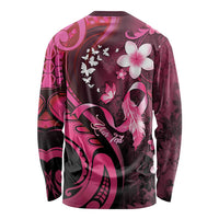 Personalised Memorial Breast Cancer Awareness Long Sleeve Shirt Plumeria Floral Tribal Pattern - Polynesian Pride