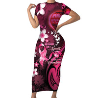 Personalised Memorial Breast Cancer Awareness Short Sleeve Bodycon Dress Plumeria Floral Tribal Pattern LT05 Long Dress Black - Polynesian Pride
