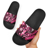 Memorial Breast Cancer Awareness Slide Sandals Plumeria Floral Tribal Pattern - Polynesian Pride