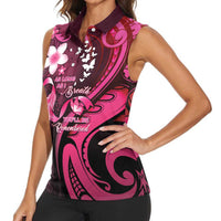 Personalised Memorial Breast Cancer Awareness Women Sleeveless Polo Shirt Plumeria Floral Tribal Pattern - Polynesian Pride