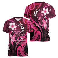 Personalised Memorial Breast Cancer Awareness Women V-Neck T-Shirt Plumeria Floral Tribal Pattern - Polynesian Pride