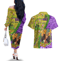 Personalised Hawaii Mardi Gras Couples Matching Off The Shoulder Long Sleeve Dress and Hawaiian Shirt Polynesian Pattern With Glitter Style LT05 - Polynesian Pride